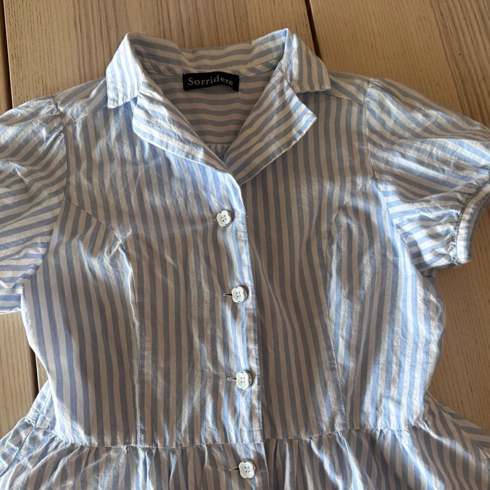 Sorridere Japanese Nautical Blue and White striped button up smocked dress- M - Picture 4 of 8